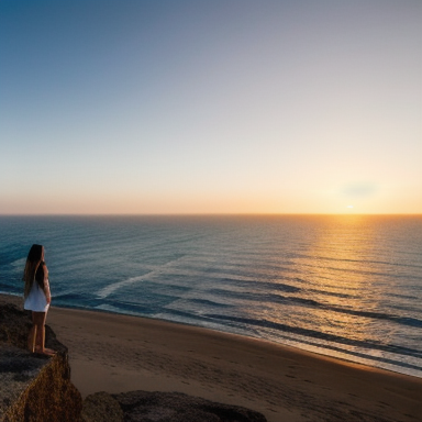 Imagem de uma pessoa em um penhasco, olhando o mar durante o pôr do sol